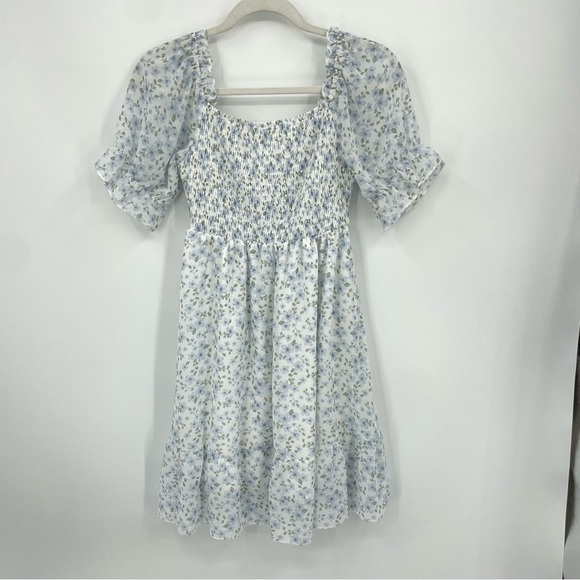 Light Blue Floral Smocked Mini Dress white Sz S - Picture 3 of 8
